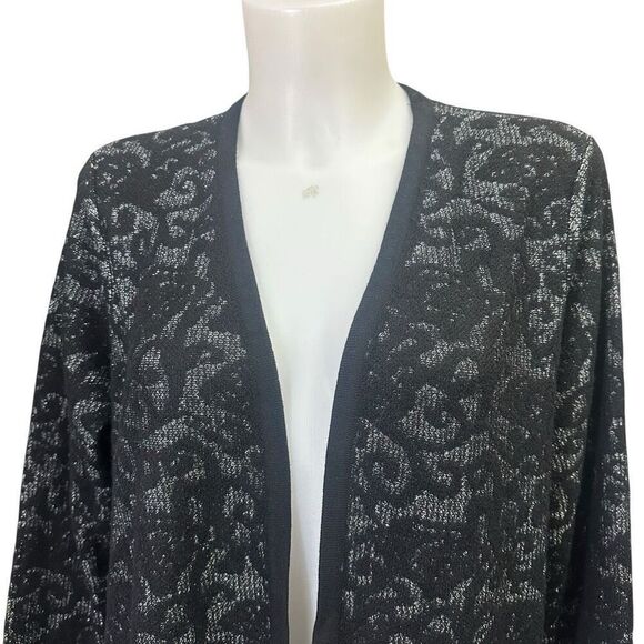 Chico’s Black Silver Metallic Brocade Wool Blend‎ Open Front Midi Cardigan sz M - Picture 2 of 10